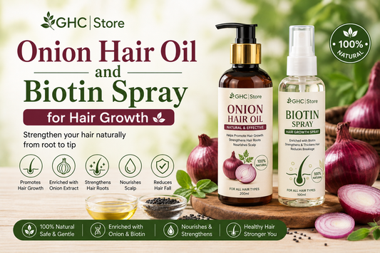 Natural hair care products onion hair oil biotin spray and pumpkin seed oil for hair growth at GHC|Store