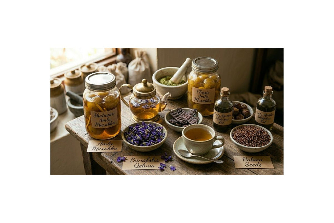 Amla Murabba Banafsha Qehwa and Haloon Seeds traditional herbal remedies